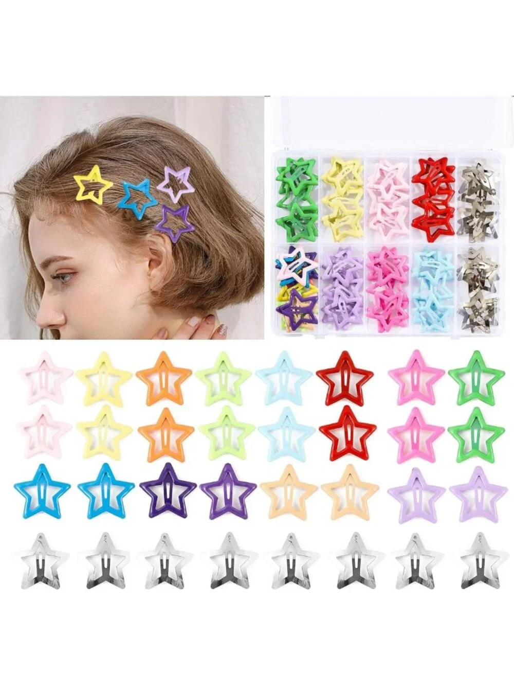 55pcs Colorful Star Hair Clips - Cute Metal Snap Barrettes for Girls & Women